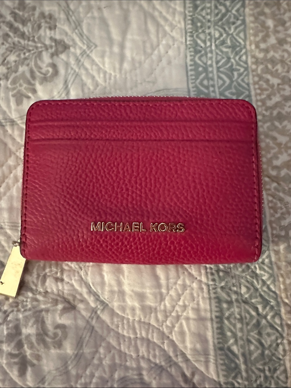 Michael Kors Hot Pink Pebbled Leather Card Holder with Gold Logo